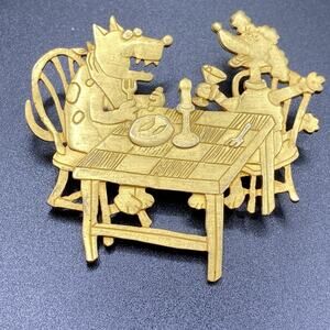 Vintage JJ Dogs Eating At Table Brooch Jonette Jewelry Gold Tone